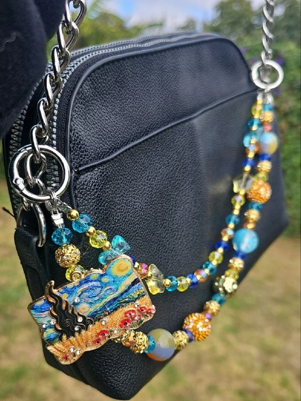 Handmade Beaded Keychain with Starry Night Van G. Landscape Charm - Blue & Gold